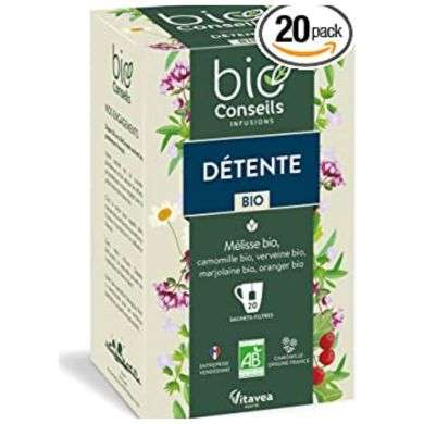 BioConseils - Infusion bio détente – mélisse camomille verveine marjolaine oranger – 20 sachets