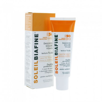 SOLEIL BIAFINE EMULSION SOLAIRE VISAGE FPS 50+ TEXTURE FLUIDE PEAUX TRÈS CLAIRES OU SENSIBLES
