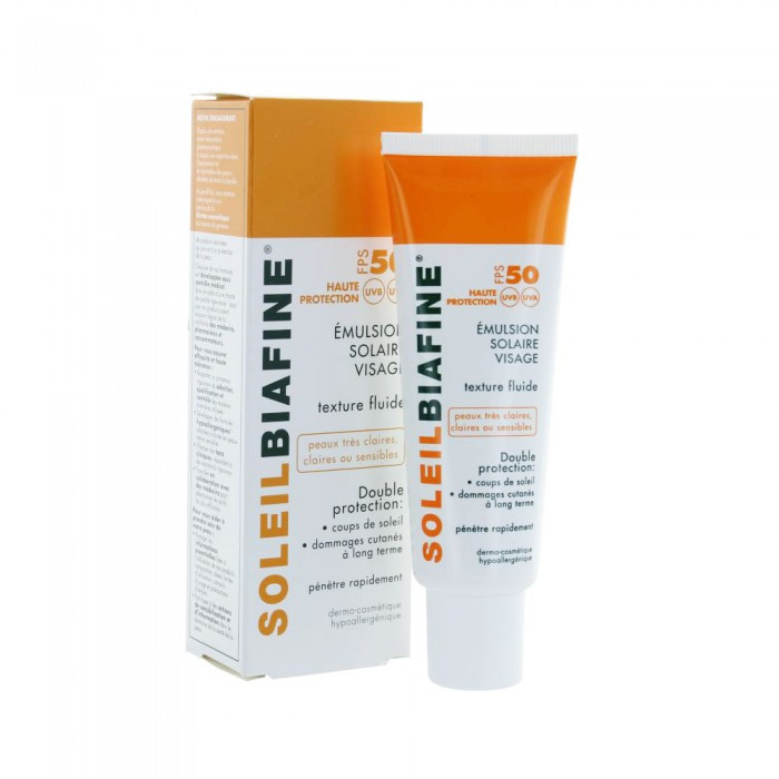 SOLEIL BIAFINE EMULSION SOLAIRE VISAGE FPS 50+ TEXTURE FLUIDE PEAUX TRÈS CLAIRES OU SENSIBLES