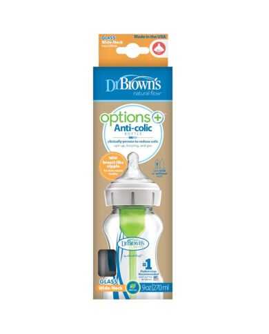 DR BROWNS BIBERON EN VERRE OPTIONS + ANTI COLIC COL LARGE 270 ML 0 M+