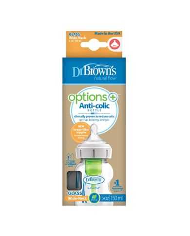 DR BROWNS BIBERON EN VERRE OPTIONS + ANTI COLIC COL LARGE 150 ML 0 M+