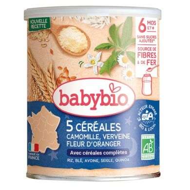 BABYBIO 5 CEREALES VERVEINE ET FLEUR D'ORANGER ET CAMOMILLE 6 MOIS +