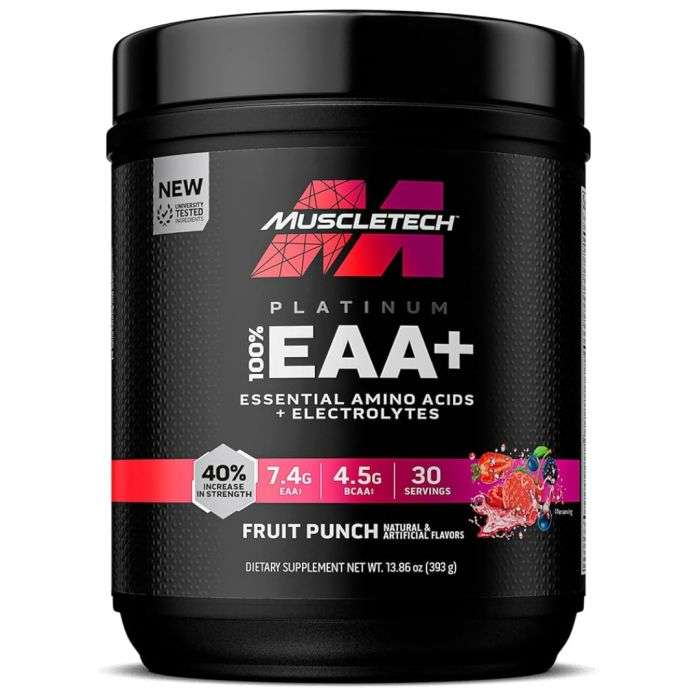 MUSCLETECH PLATINUM EAA+ ESSENTIAL AMINO ACIDS + ELECTROLYTES SAVEUR PUNCH AUX FRUITS 393 G