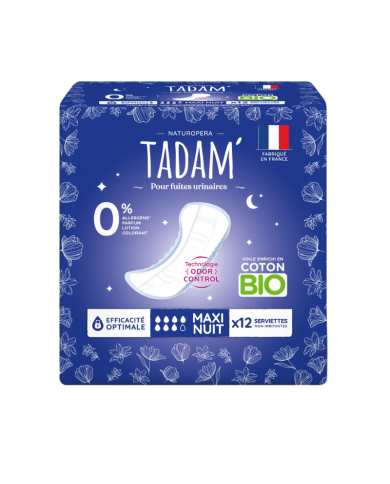 TADAM 12 SERVIETTES MAXI NUIT COTON BIO FUITES URINAIRES