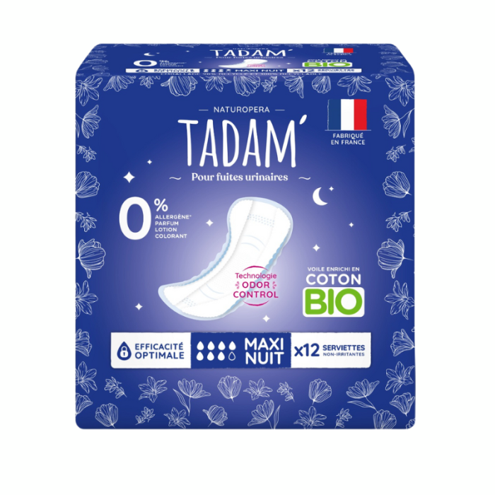 TADAM 12 SERVIETTES MAXI NUIT COTON BIO FUITES URINAIRES