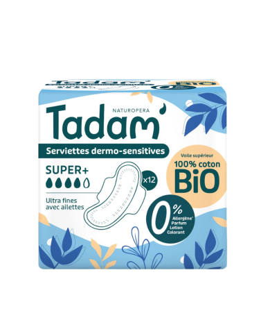 TADAM 12 SERVIETTES DERMO SENSITIVES SUPER + COTON BIO