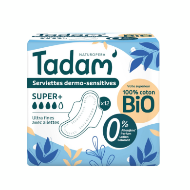 TADAM 12 SERVIETTES DERMO SENSITIVES SUPER + COTON BIO