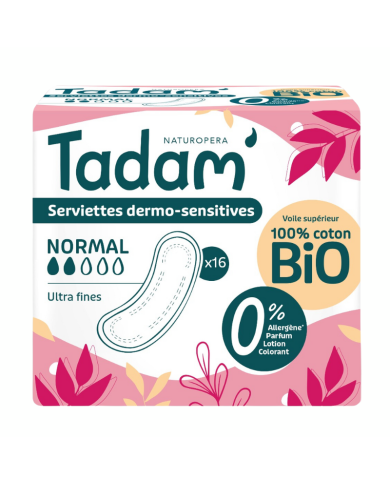 TADAM 16 SERVIETTES DERMO SENSITIVES NORMAL COTON BIO ULTRA FINE