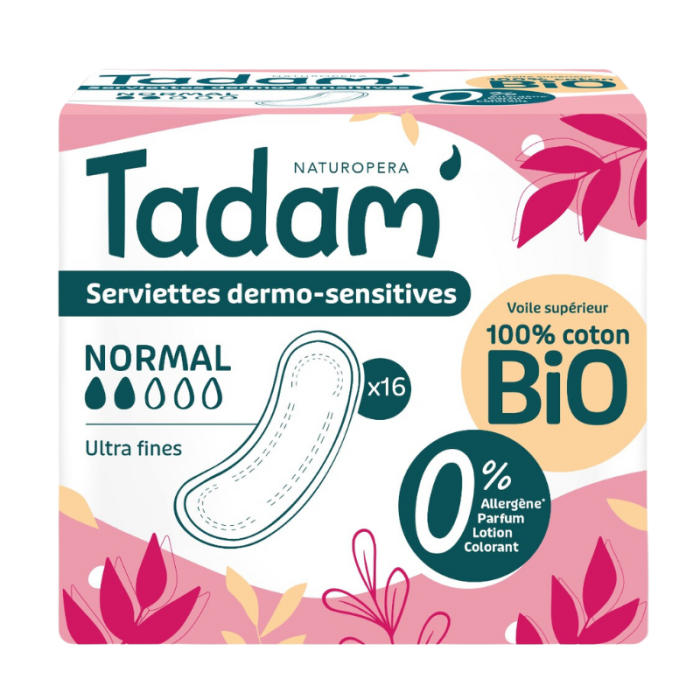 TADAM 16 SERVIETTES DERMO SENSITIVES NORMAL COTON BIO ULTRA FINE