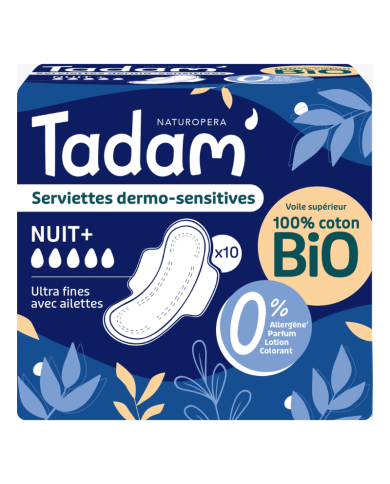 TADAM 10 SERVIETTES DERMO SENSITIVES NUIT + COTON BIO ULTRA FINE AVEC AILETTES