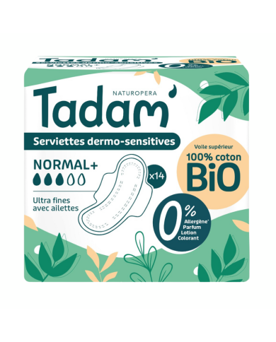 TADAM 14 SERVIETTES DERMO SENSITIVES NORMAL + COTON BIO ULTRA FINE AVEC AILETTES
