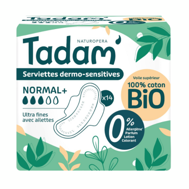 TADAM 14 SERVIETTES DERMO SENSITIVES NORMAL + COTON BIO ULTRA FINE AVEC AILETTES