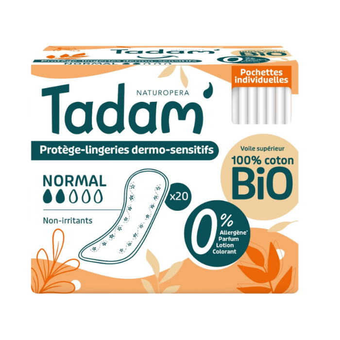 TADAM 20 SERVIETTES DERMO SENSITIVES NORMAL COTON BIO NON IRRITANTS