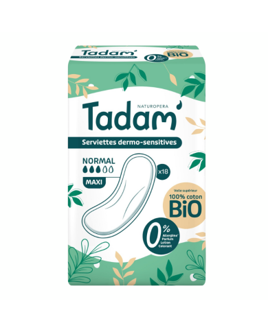 TADAM 18 SERVIETTES DERMO SENSITIVES NORMAL MAXI COTON BIO