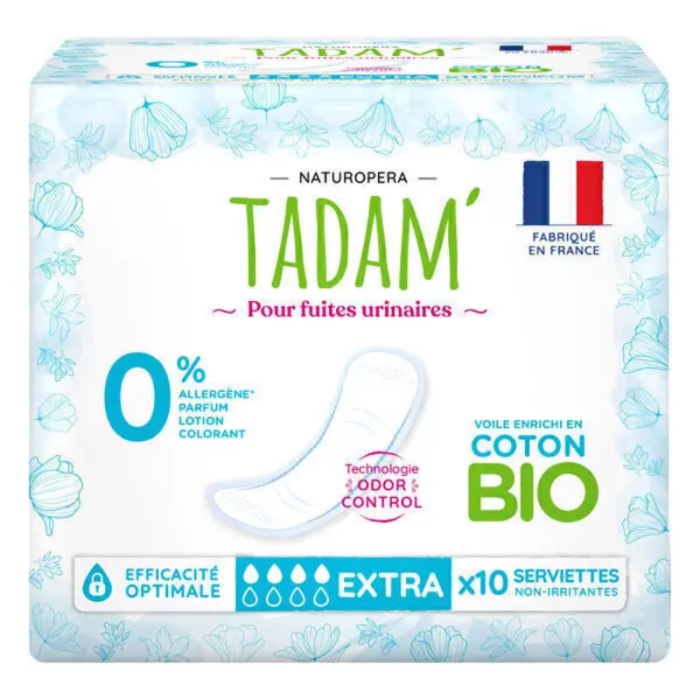 TADAM 10 SERVIETTES EXTRA POUR FUITE URINAIRES COTON BIO