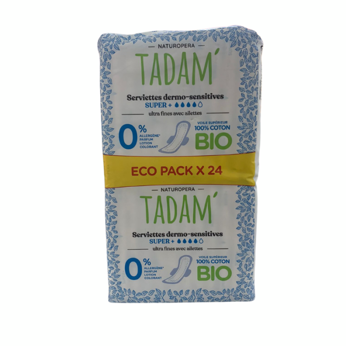 TADAM ECO PACK 24 SERVIETTES DERMO SENSITIVES SUPER + COTON BIO
