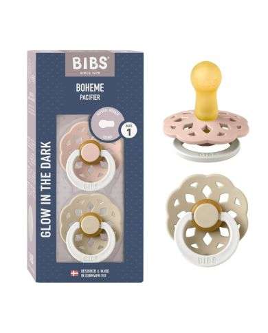 BIBS BOHEME PACIFIER NATURAL RUBBER ROUND SIZE 1 PACK DE 2 GLOW IN THE DARK BLUSH GLOW ET VANILLA GLOW