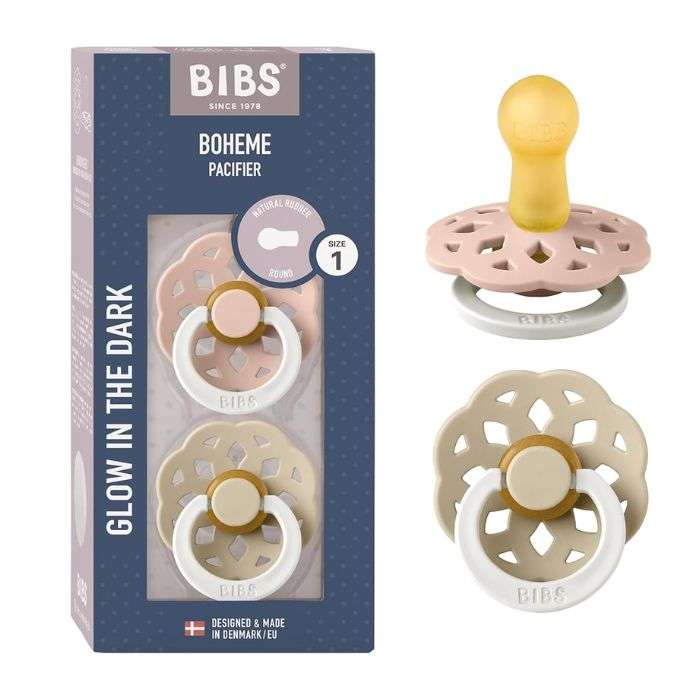 BIBS BOHEME PACIFIER NATURAL RUBBER ROUND SIZE 1 PACK DE 2 GLOW IN THE DARK