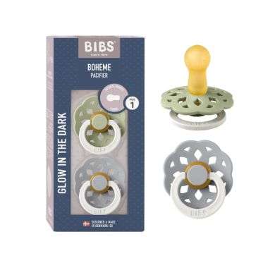 BIBS BOHEME PACIFIER NATURAL RUBBER ROUND SIZE 1 PACK DE 2 GLOW IN THE DARK SAGE GLOW ET CLOUD GLOW