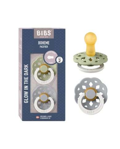 BIBS BOHEME PACIFIER NATURAL RUBBER ROUND SIZE 2 PACK DE 2 GLOW IN THE DARK SAGE GLOW ET CLOUD GLOW
