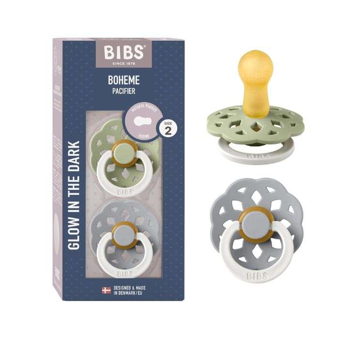 BIBS BOHEME PACIFIER NATURAL RUBBER ROUND SIZE 2 PACK DE 2 GLOW IN THE DARK SAGE GLOW ET CLOUD GLOW