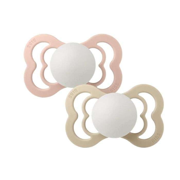 BIBS SUPREME PACIFIER SILICONE SYMMERTICAL SIZE 2 PACK DE 2 GLOW IN THE DARK BLUSH GLOW ET VANILLA GLOW