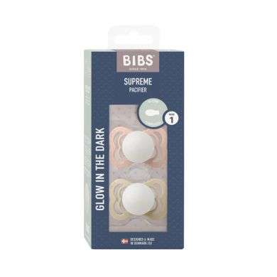 BIBS SUPREME PACIFIER SILICONE SYMMERTICAL SIZE 1 PACK DE 2 GLOW IN THE DARK BLUSH GLOW ET VANILLA GLOW