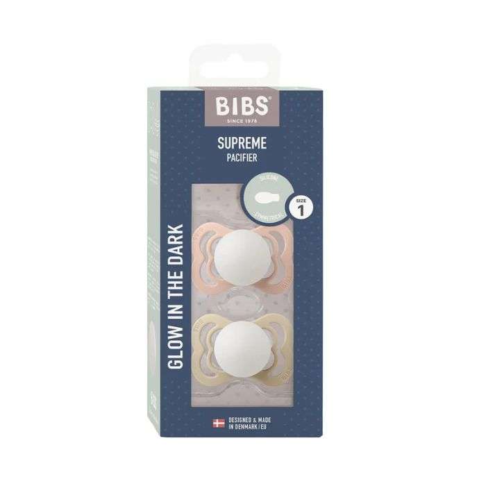 BIBS SUPREME PACIFIER SILICONE SYMMERTICAL SIZE 1 PACK DE 2 GLOW IN THE DARK BLUSH GLOW ET VANILLA GLOW
