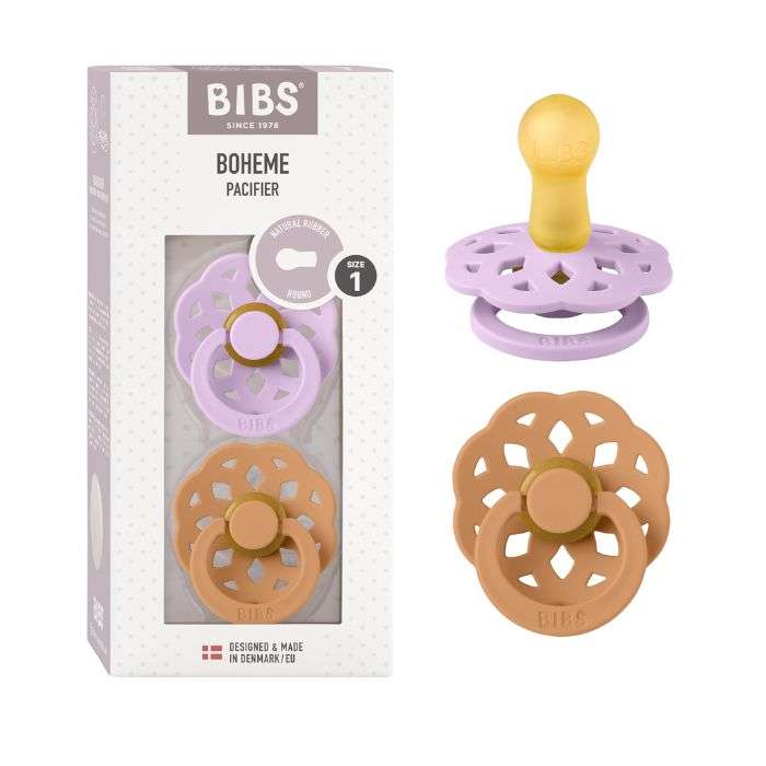 BIBS BOHEME PACIFIER NATURAL RUBBER ROUND SIZE 1 PACK DE 2 VIOLET SKY ET PUMPKIN