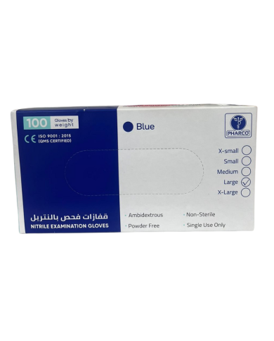 PHARCO BLUE NITRILE EXAMINATION GANTS TAILLE L 100 UNITES