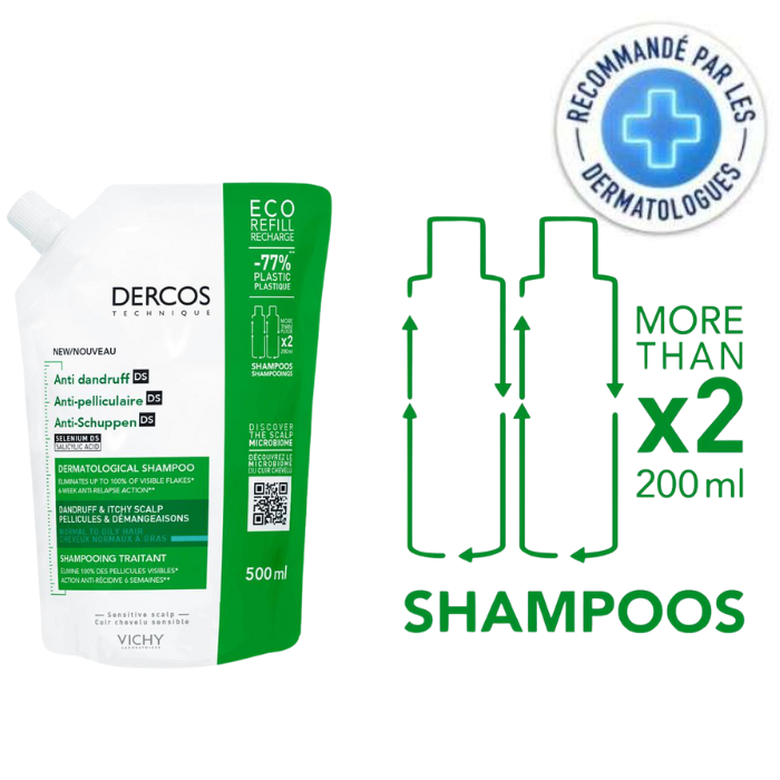 VICHY DERCOS ANTI PELLICULAIRE SHAMPOING CHEVEUX GRAS RECHARGE 500ML