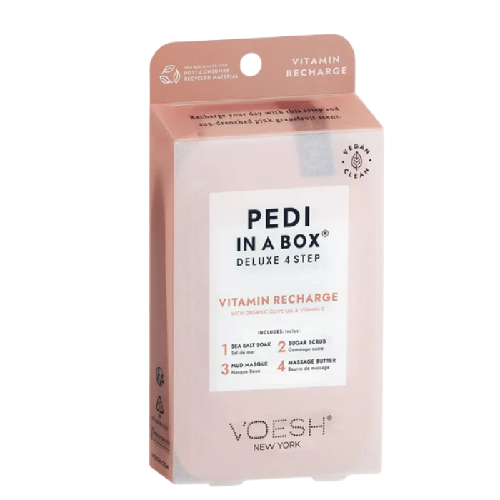 VOESH NEW YORK PEDI IN A BOX DELUXE 4 STEP VITAMIN RECHARGE WITH ORGANIC OLIVE OIL AND VITAMIN C