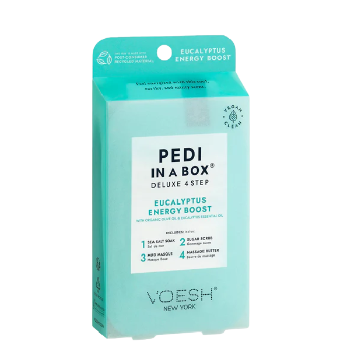 VOESH NEW YORK PEDI IN A BOX DELUXE 4 STEP EUCALYPTUS ENERGY BOOST WITH ORGANIC OLIVE OIL AND EUCALYPTUS ESSENTIAL OIL