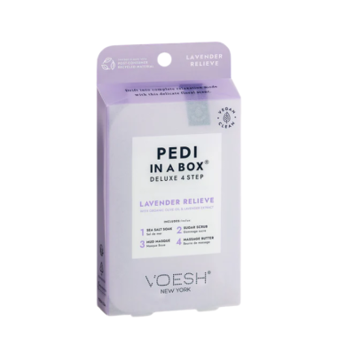 VOESH NEW YORK PEDI IN A BOX DELUXE 4 STEP LAVENDER RELIEVE WITH ORGANIC OLIVE OIL AND LAVENDER EXTRACT
