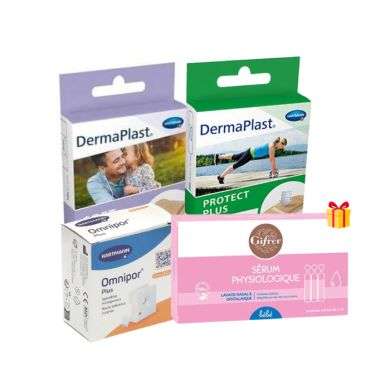 HARTMANN MINI KIT DERMAPLAST SOFT 10 UNITES + PROTECT PLUS 20 UNITES + OMNIPOR + GIFRER BOITE DE 5 SERUM PHYSIOLOGIQUE OFFERT