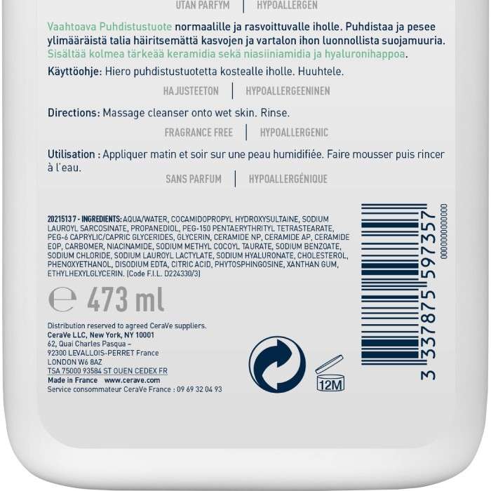 CERAVE OFFRE GEL MOUSSANT PEAUX NORMALES A GRASSES 473 ML +2 FORMATS VOYAGES OFFERTS