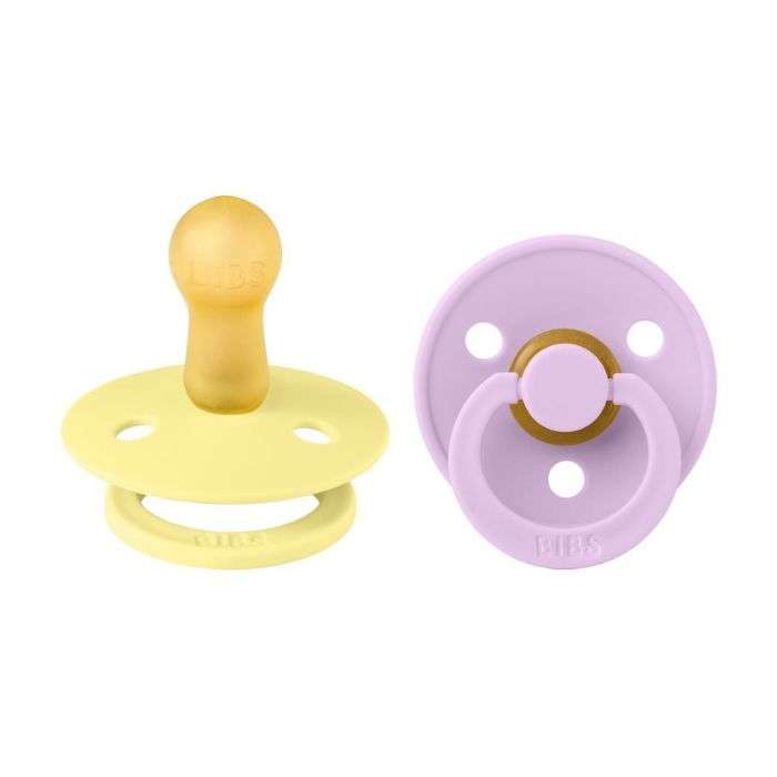 BIBS COLOUR NATURAL RUBBER 2 SUCETTES RONDE VIOLETTE ET SOLEIL 6 MOIS+