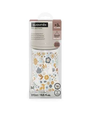 SUAVINEX SELECTION BIBERON SILICONE ANTI COLIC AVEC TETINE SYMETRIQUE SX PRO +3M DEBIT MOYEN 270 ML