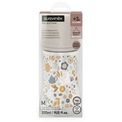 SUAVINEX SELECTION BIBERON SILICONE ANTI COLIC AVEC TETINE SYMETRIQUE SX PRO +3M DEBIT MOYEN 270 ML