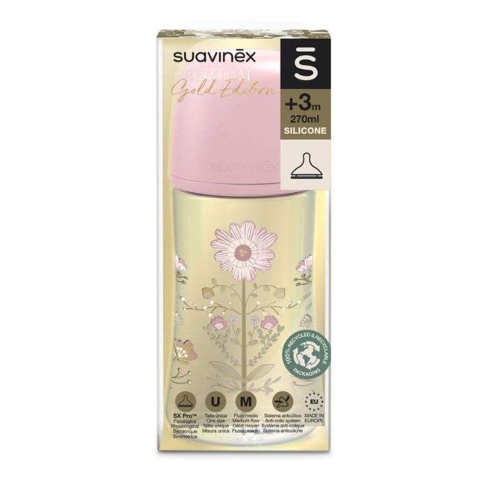 SUAVINEX PREMIUM GOLD EDITION BIBERON SILICONE +3M DEBIT MOYEN 270 ML
