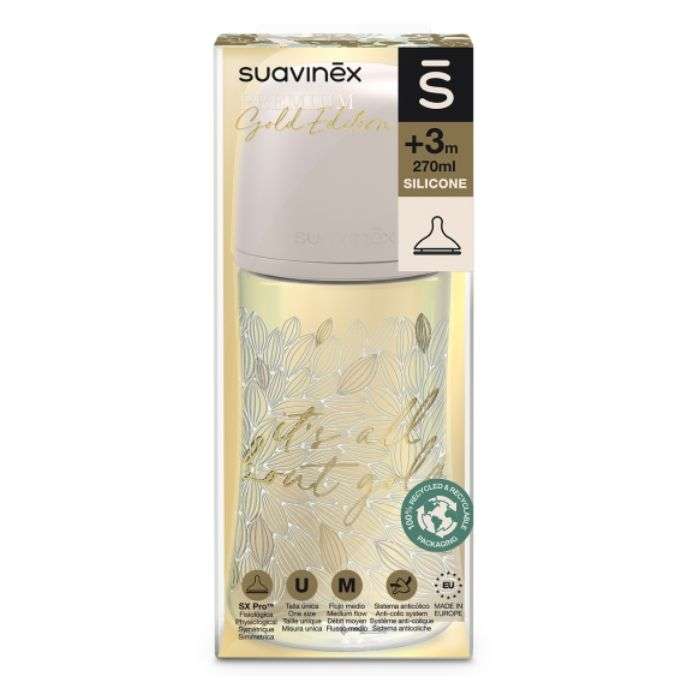 SUAVINEX PREMIUM GOLD EDITION BIBERON SILICONE +3M DEBIT MOYEN 270 ML