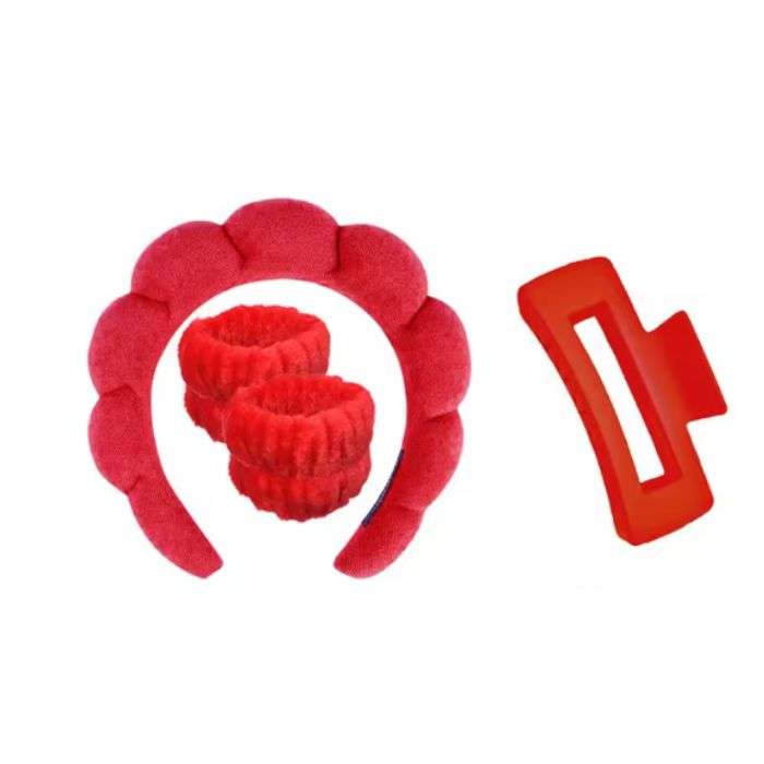 ENSEMBLE 3 PIECES SERRE TETE DE BAIN + 2 BANDES POIGNET + PINCE A CHEVEUX