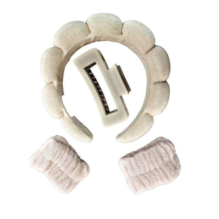 ENSEMBLE 3 PIECES SERRE TETE DE BAIN + 2 BANDES POIGNET + PINCE A CHEVEUX