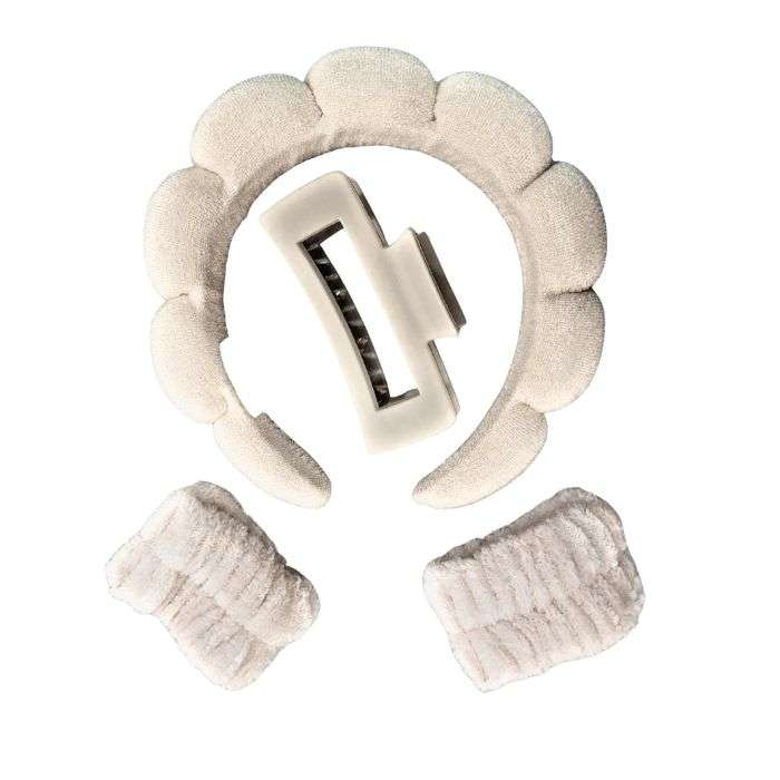 ENSEMBLE 3 PIECES SERRE TETE DE BAIN + 2 BANDES POIGNET + PINCE A CHEVEUX