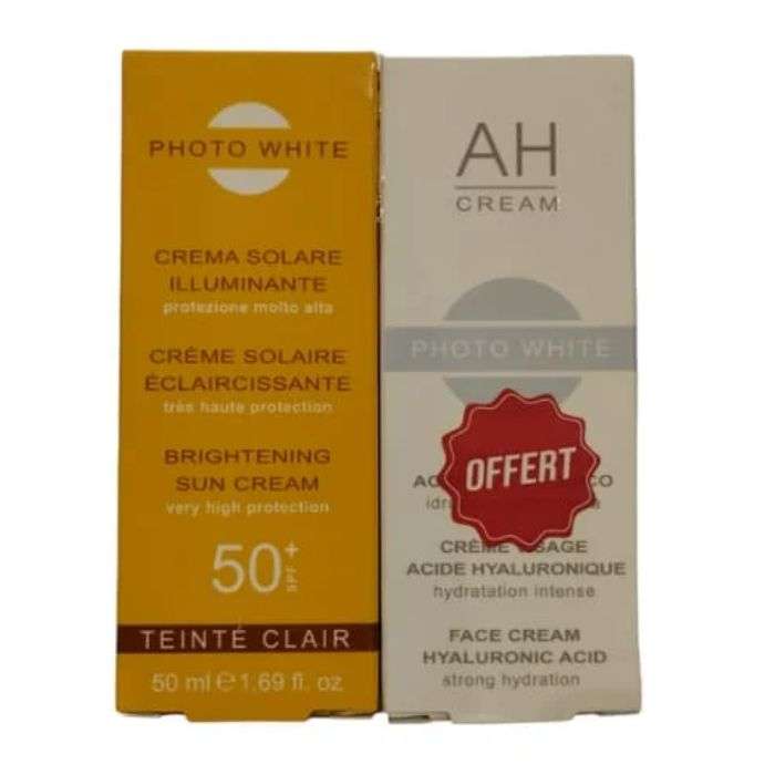 PHOTO WHITE OFFRE CREME SOLAIRE TEINTEE CLAIRE ECLAIRICISSANTE SPF 50+ 50 ML + CREME VISAGE ACIDE HYALURONIQUE 50ml OFFERT