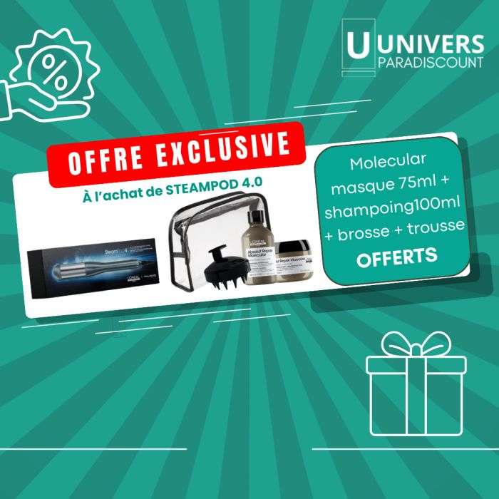 L'OREAL PROFESSIONNEL OFFRE PACK STEAMPOD 4.0 + MOLECUAR MASQUE75ML+ SHAMPOING 100ML +BROSSE + TROUSSE OFFERTS