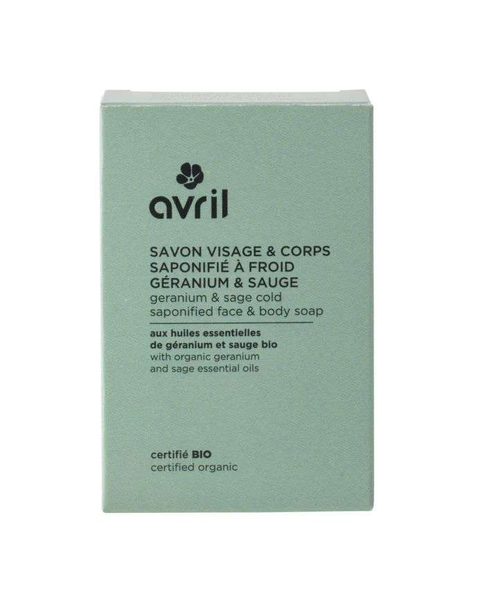 AVRIL SAVON A FROID VISAGE ET CORPS AUX HUILES ESSENTIELLES DE GERANIUM ET SAUGE BIO 100 G