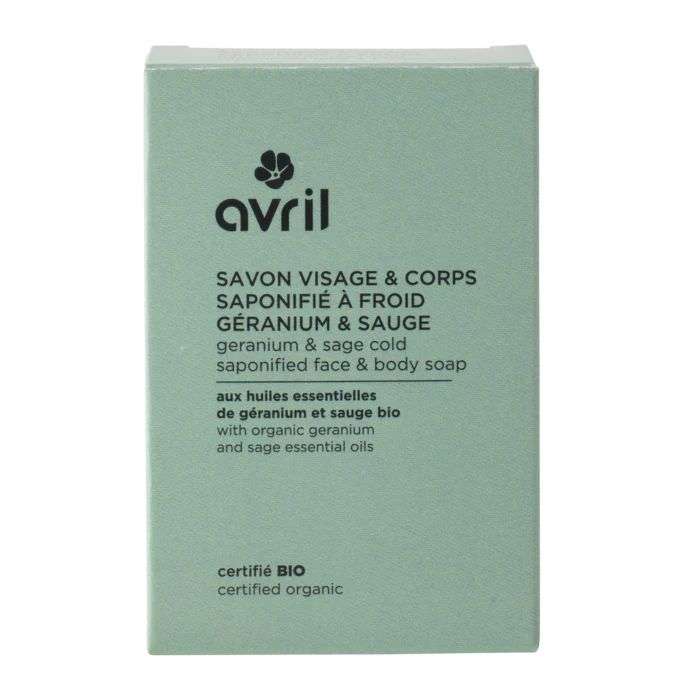 AVRIL SAVON A FROID VISAGE ET CORPS AUX HUILES ESSENTIELLES DE GERANIUM ET SAUGE BIO 100 G