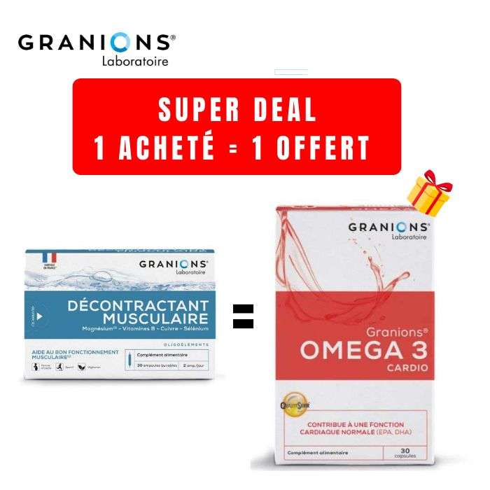 GRANIONS OFFRE 1 DECANTRACTANT MUSCULAIRE 30 AMPOULES ACHETER + 1 OMEGA 3 30 CAPSULES OFFERT