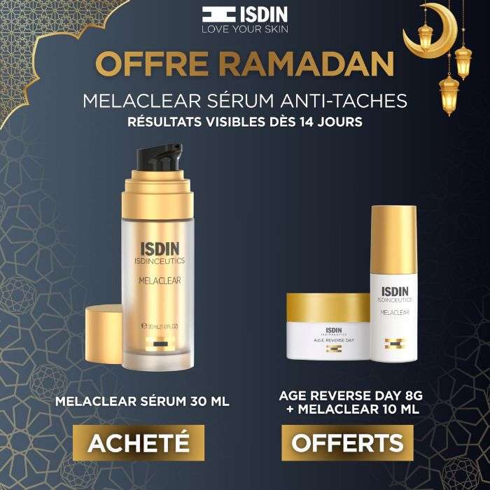 ISDIN OFFRE WEB ISDINCEUTICS MELACLEAR SERUM CORRECTEUR 30 ML + AGE REVERSE DAY 8G +MELACLEAR 10ML OFFERTS